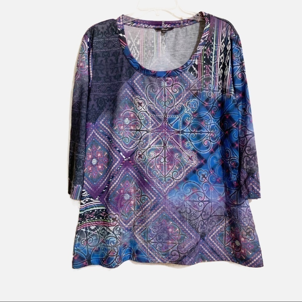 Kiara Stretchy Top Tunic Scarf Multi Color Print Embellished Rhinestones. XXL